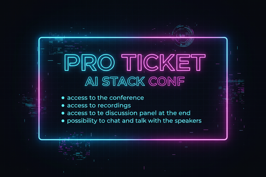 AGAIN I need an AI generate image in Cyberpunk style for a Pro Ticket.
 The size of the image should be 1248x832 . The ticket needs to say "PRO TICKET" it needs to say "AI STACK CONF" somewhere and it can have bullets explaining what is included e.g. 
 -access to the conference
 - access to recordings
 - access to the discussion panel at the end
 - possibility to chat and talk with the speakers



DO NOT ADD OTHER TEXTS 