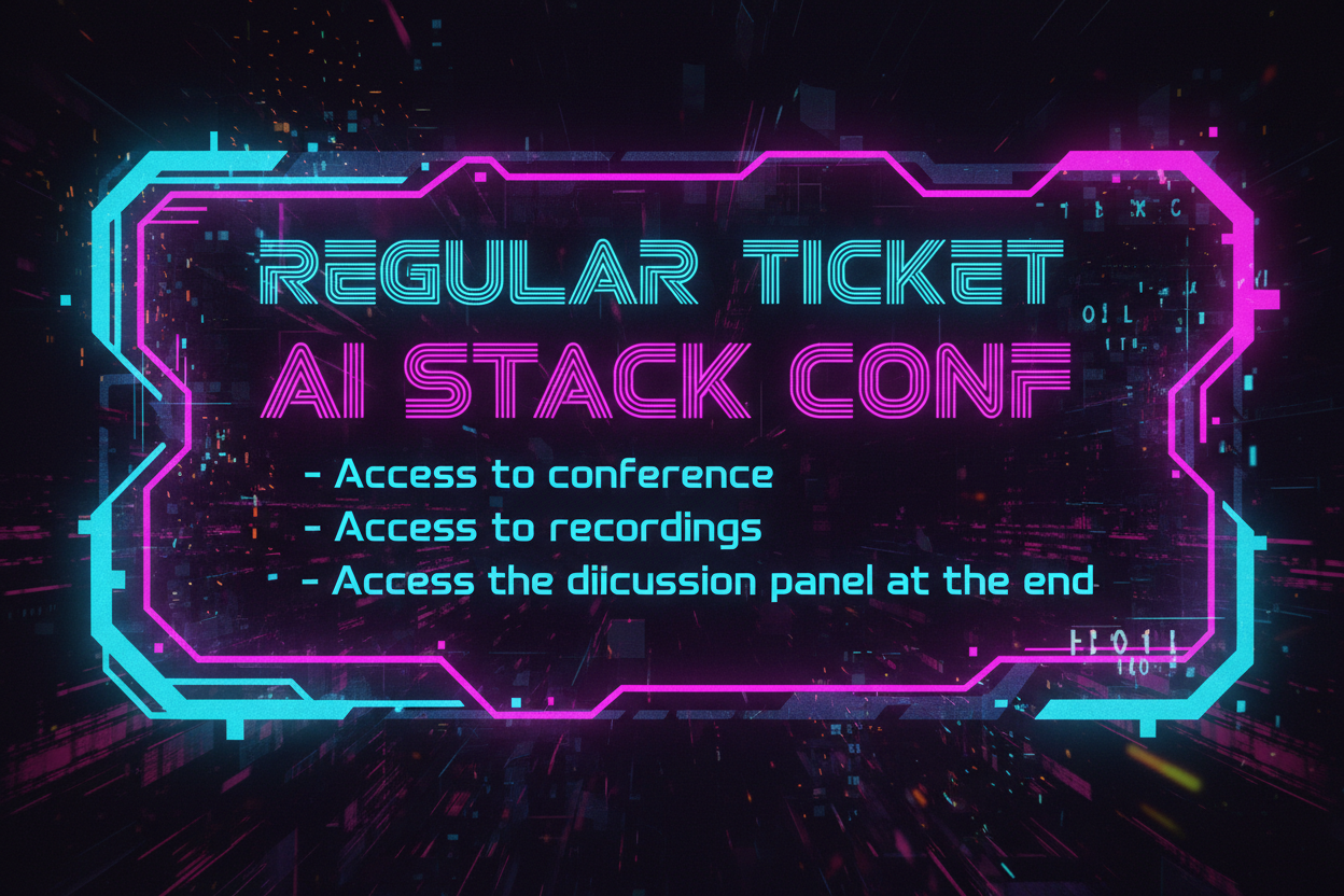 I need an AI generate image in Cyberpunk style for a Regular Ticket.
 The size of the image should be 1248x832 . The ticket needs to say "REGULAR TICKET" it needs to say "AI STACK CONF" somewhere and it can have bullets explaining what is included e.g. 
 -access to the conference
 - access to recordings
 - access to the discussion panel at the end