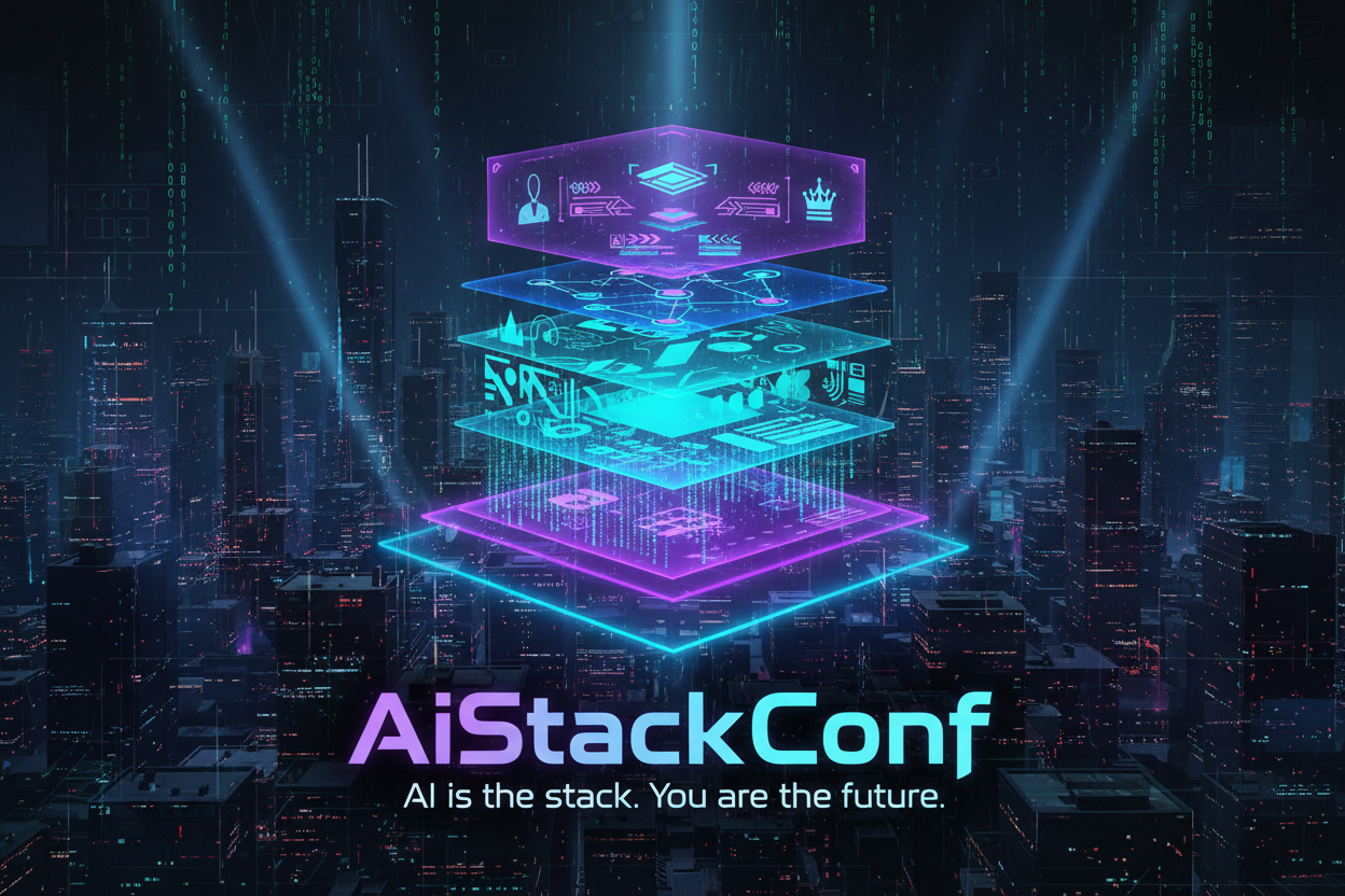 I want cyberpunk inspired image 

Conference Identity
Name: AiStackConf (strong, modern, tech‑forward).

Tagline: “AI is the stack. You are the future.”

Visuals: Futuristic stack layers → each layer representing a discipline (code, design, communication, leadership).