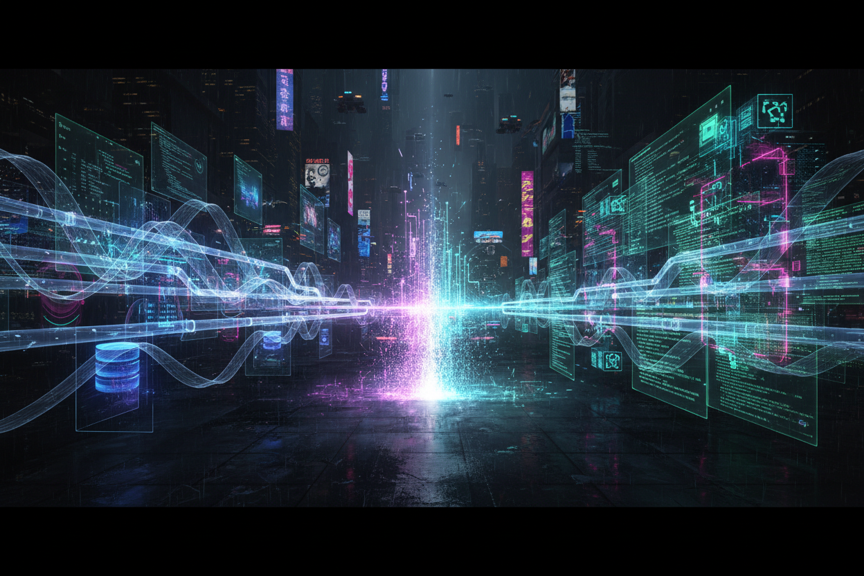 I would like cyberpunk , futuristic image for an event that will basically be split between Data Engineers and Full Stack Engineers. 